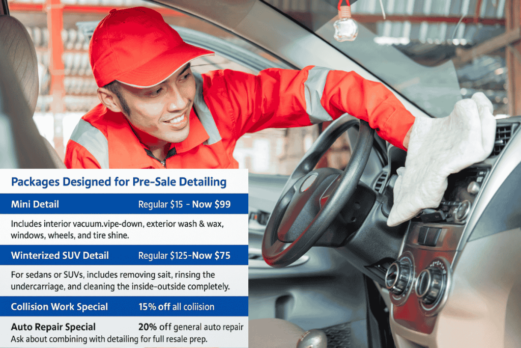 Car detailing for selling shown with discounted packages, including Mini Detail for $99, Winterized SUV Detail for $75, plus 15% off collision repair and 20% off auto repair — ideal services to prepare your car for resale
