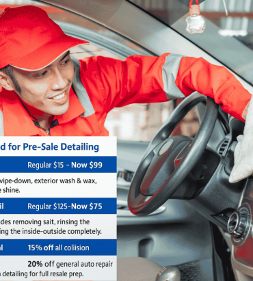 Car detailing for selling shown with discounted packages, including Mini Detail for $99, Winterized SUV Detail for $75, plus 15% off collision repair and 20% off auto repair — ideal services to prepare your car for resale